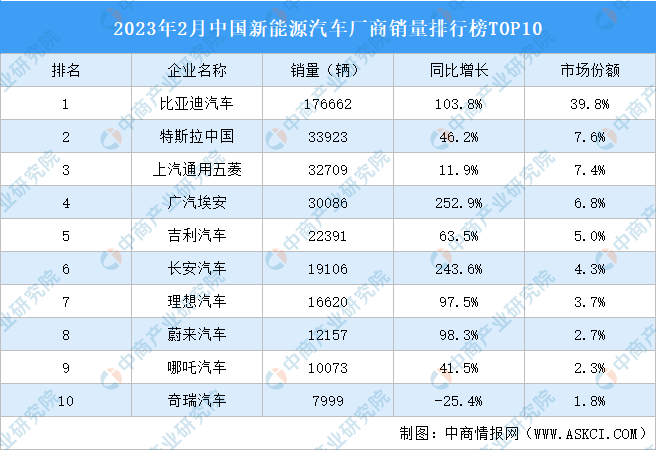 2023年2月中国新能源汽车厂商销量排行榜TOP10